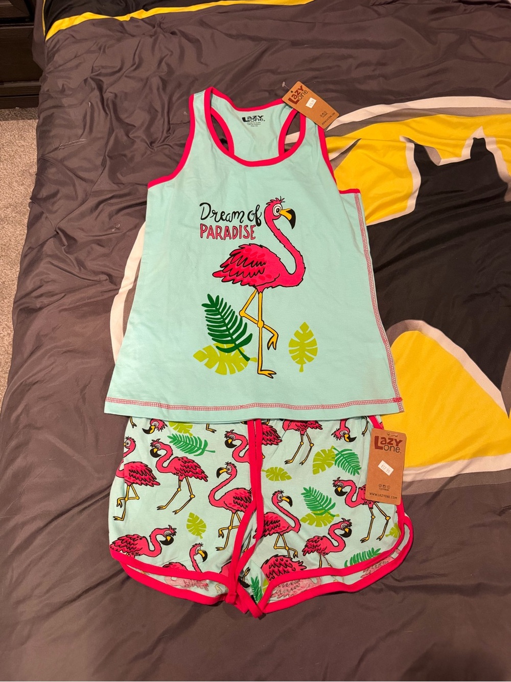 Lazy One Mint & Hot Pink Flamingo Tank and Shorts Pajama Set